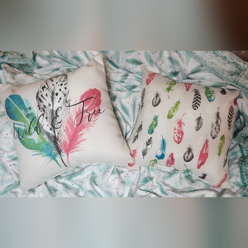 2 Throw Pillows Reversible Wild and Free with Feathers Cream Pink Blue Green